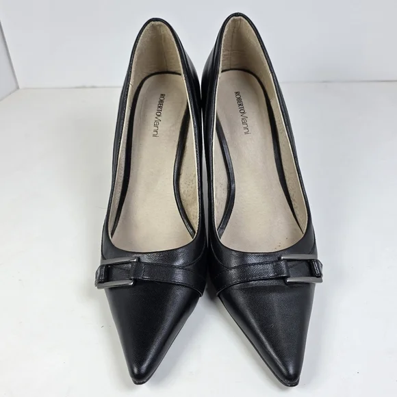 Roberto Vianni Black Leather Buckle Stiletto Heels - Picture 3 of 9